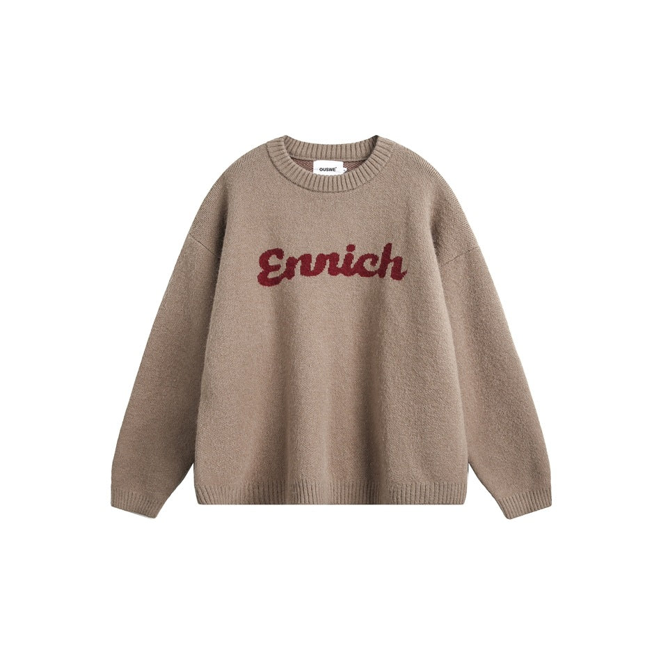 Camel crew neck knit sweater with red script Enrich lettering on the chest, flat front view on white background