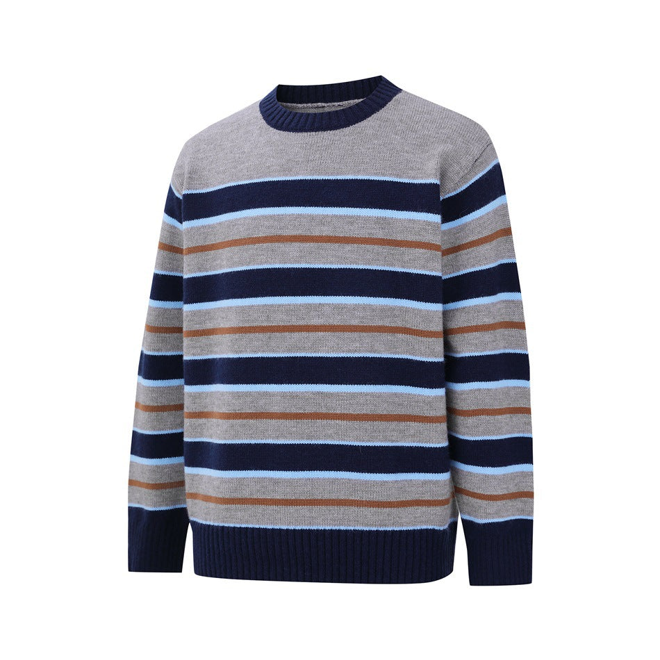 Gray striped knit sweater with navy ribbed collar, cuffs and hem, angled flat view