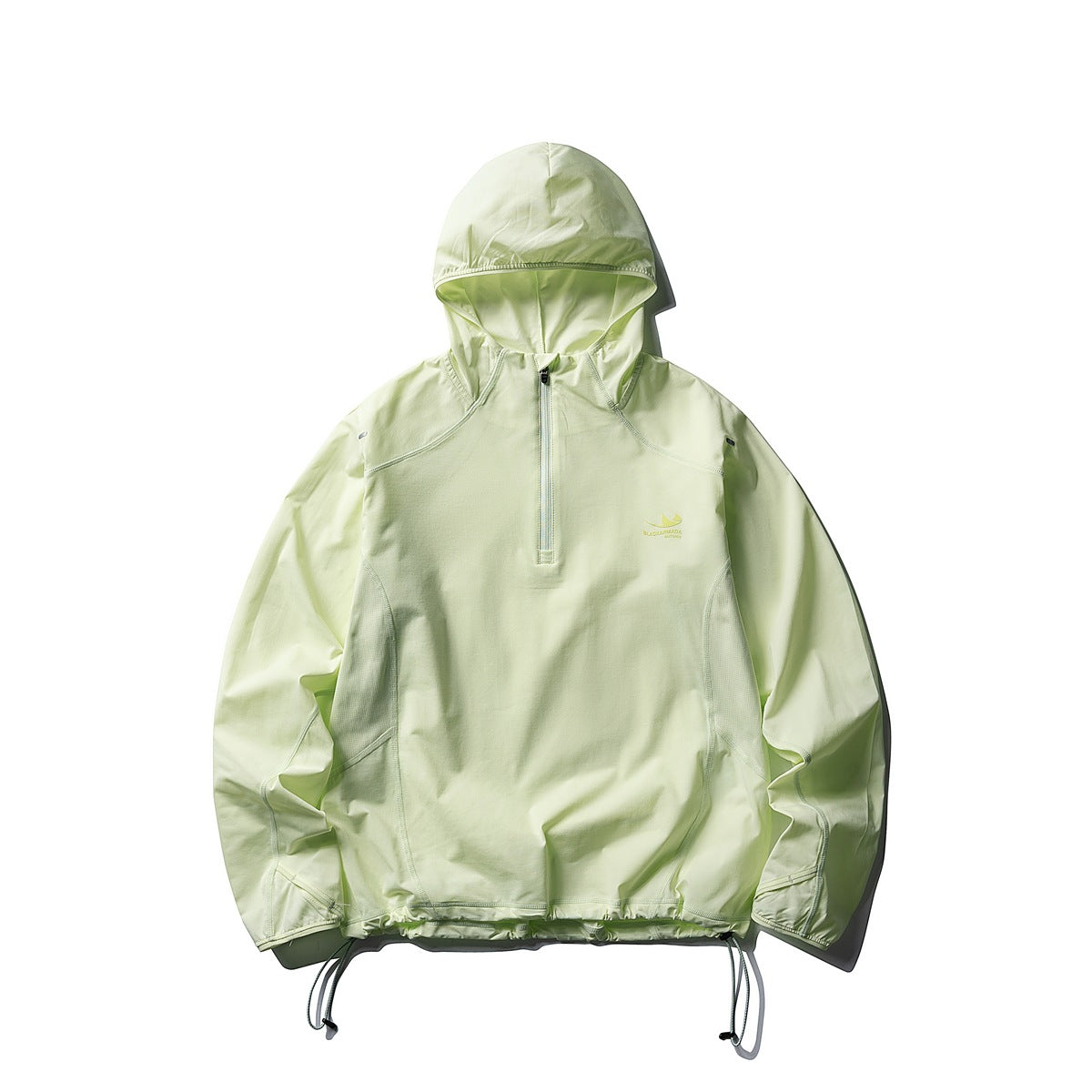Front view of a pale green hooded pullover with a short zipper, long sleeves, and adjustable drawcord hem.