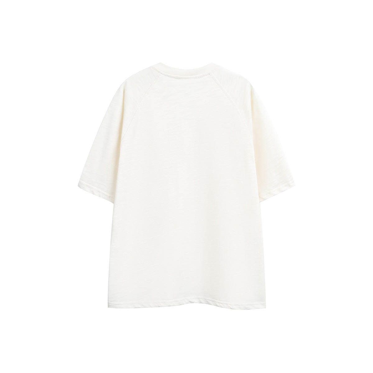Plain ivory short-sleeve shirt shown from the back, with a crew neckline and raglan seams.