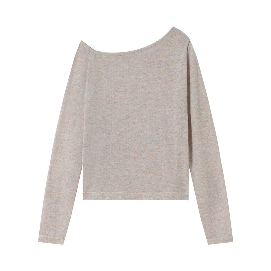 Back view of plain heathered taupe off-the-shoulder long-sleeve top with asymmetric neckline