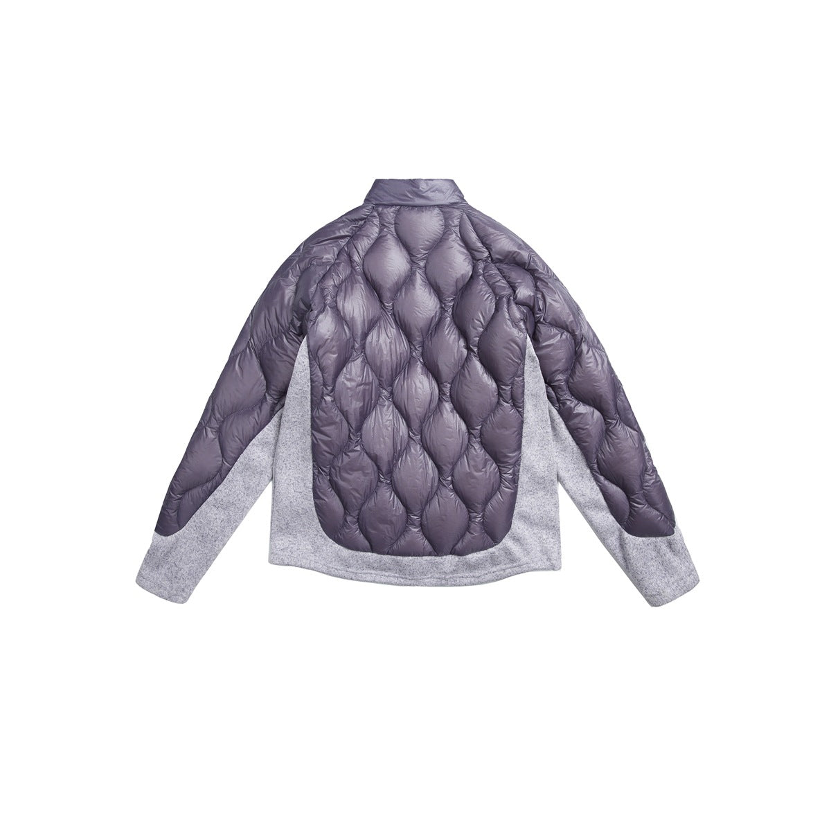 Back view of a charcoal quilted jacket with gray knit side panels and sleeves on a white background.