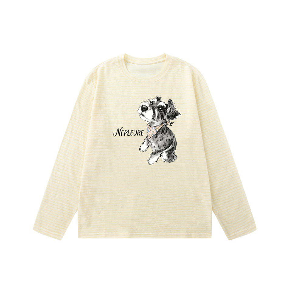 Yellow striped long-sleeve crew-neck tee with a printed dog in a floral bandana and script text on the front