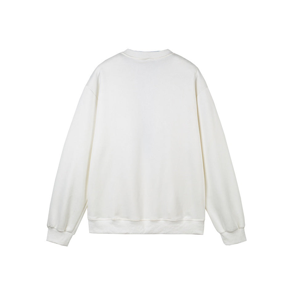 Back view of an off-white sweatshirt with long sleeves and ribbed cuffs and hem, shown flat against white.
