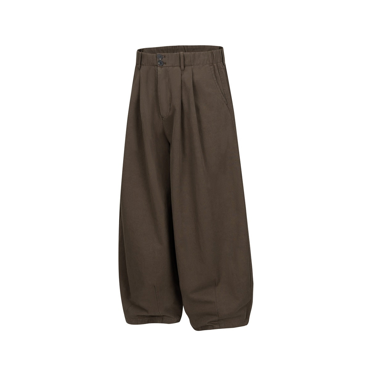 Brown pleated wide-leg trousers shown at an angle, with the side pocket and two-button waistband