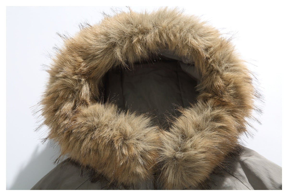 Close-up of the jacket's hood opening and thick tan faux-fur trim.