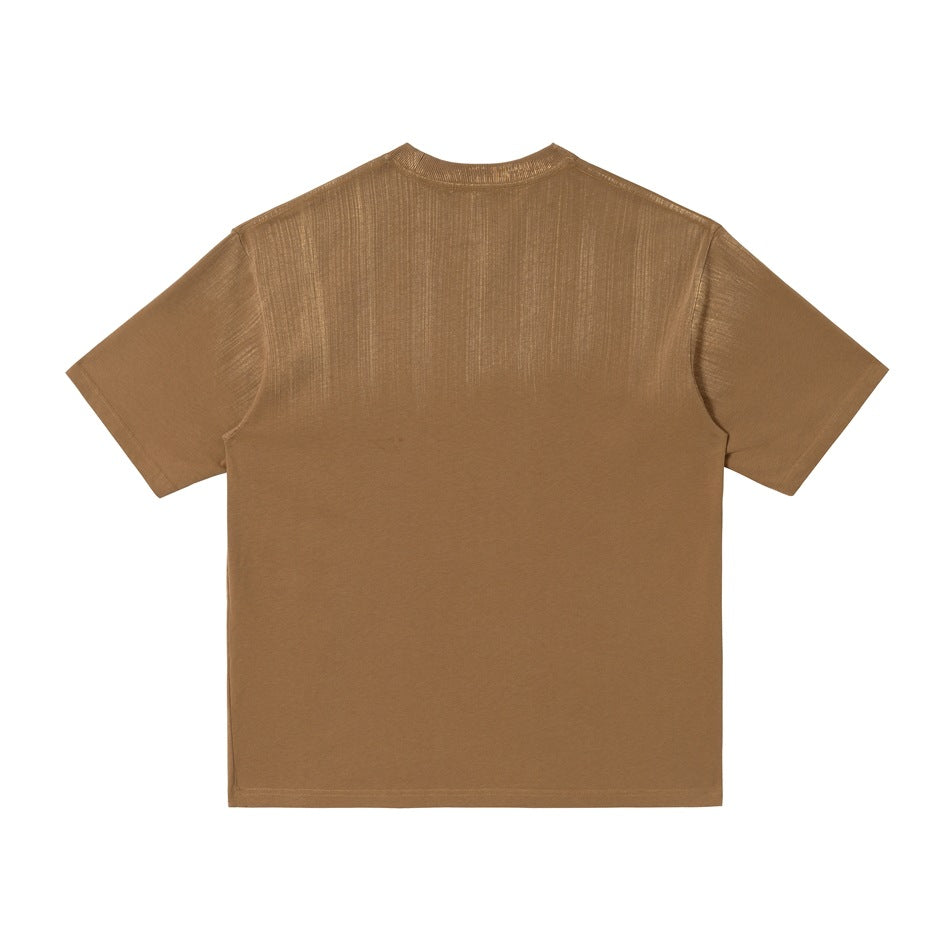 Back view of a plain tan short-sleeve crew-neck T-shirt.