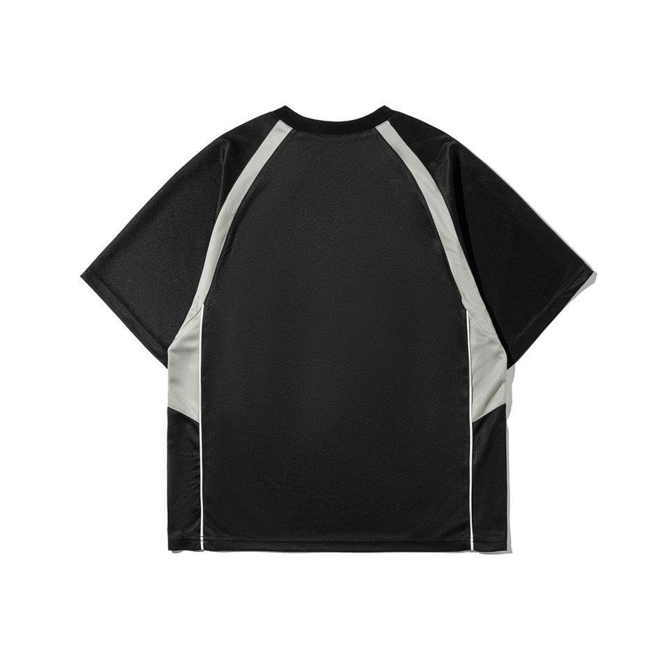 Back view of black T-shirt with light gray raglan panels, round neckline and white side piping