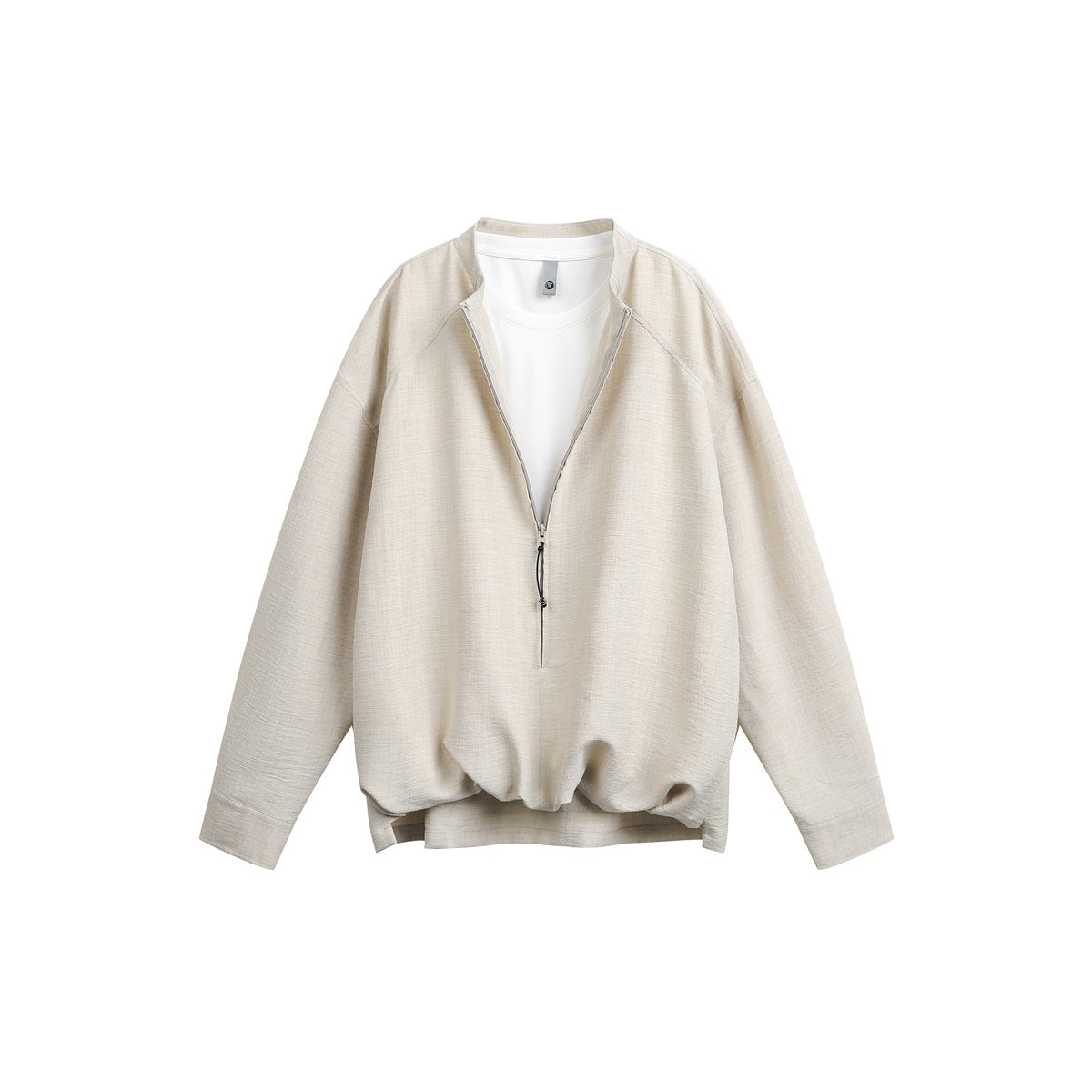 Beige apricot zip-front stand-collar jacket with white tee layer underneath, flat lay on white background
