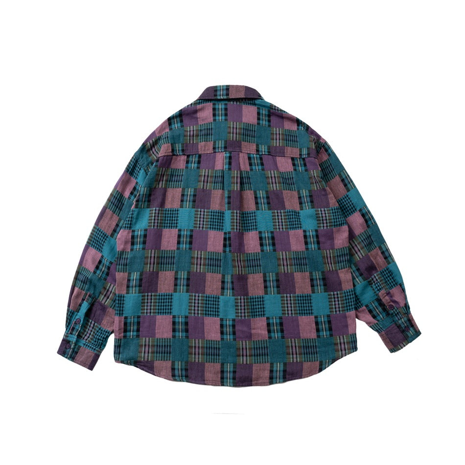 Back view of a teal and purple patchwork plaid long-sleeve shirt with a horizontal back yoke.