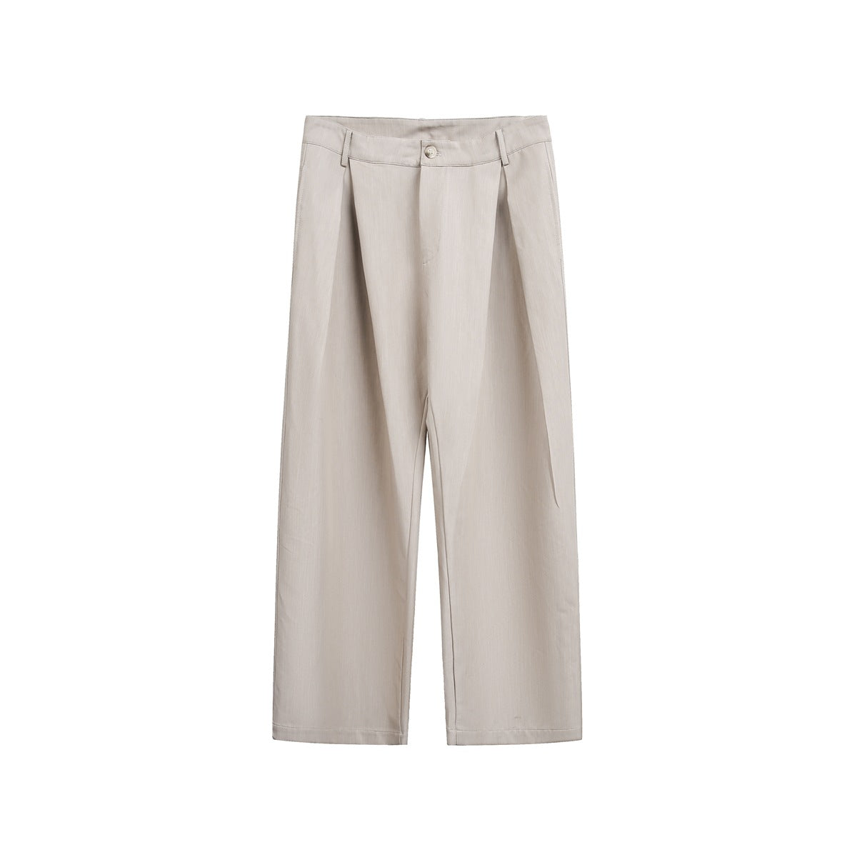 Khaki beige pleated wide-leg trousers, flat front view with button closure
