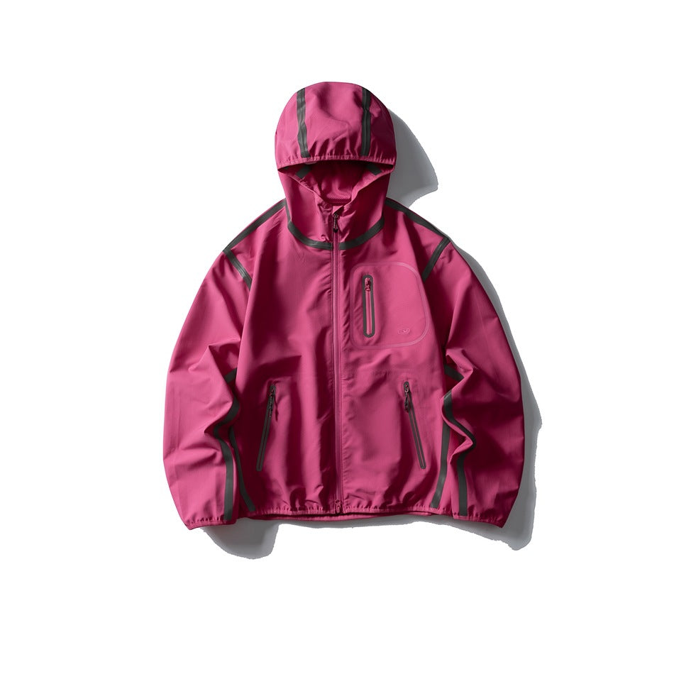 Rose pink hooded zip jacket flat lay with dark contrast tape and zip pockets