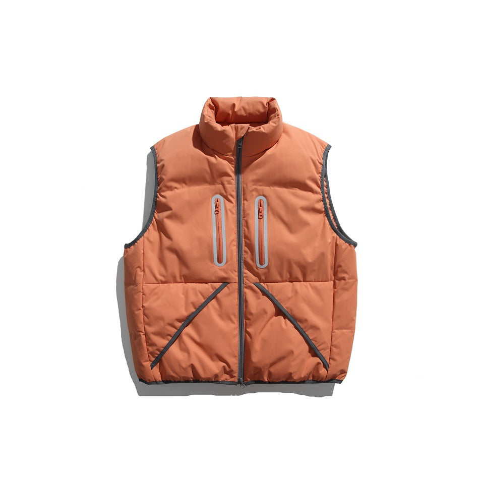Front view of a rust-orange sleeveless padded vest with a high collar, center zipper, two chest pockets, and dark trim.