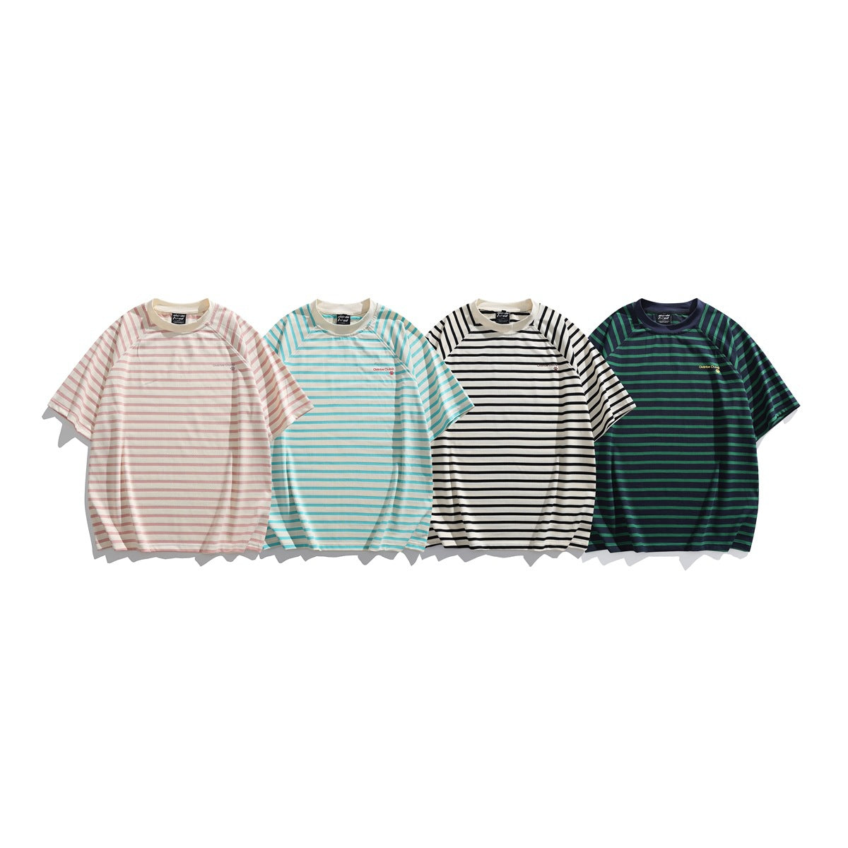 Four short-sleeve striped raglan T-shirts shown from the front in pink, aqua, black and cream, and green with navy.