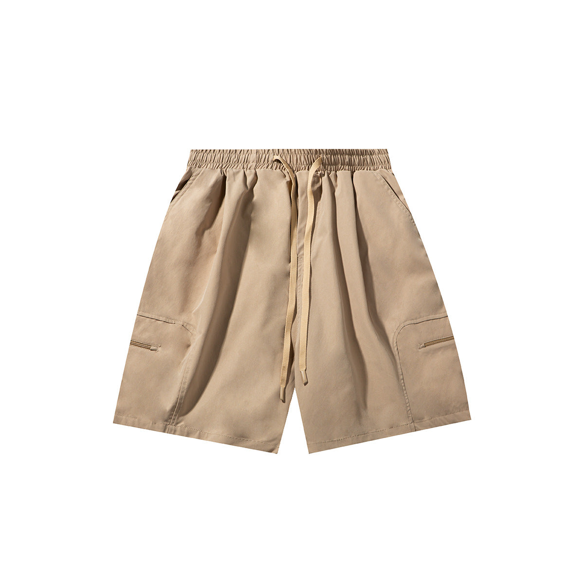Khaki drawstring shorts with elastic waistband and angled zip-detail side pockets, flat front view