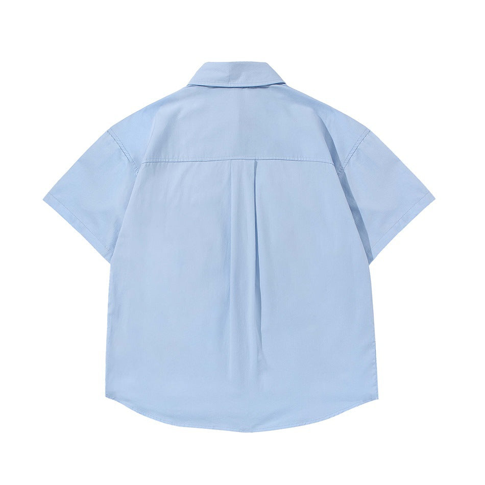 Back view of a light blue short-sleeve button-up shirt with a center pleat and curved hem.