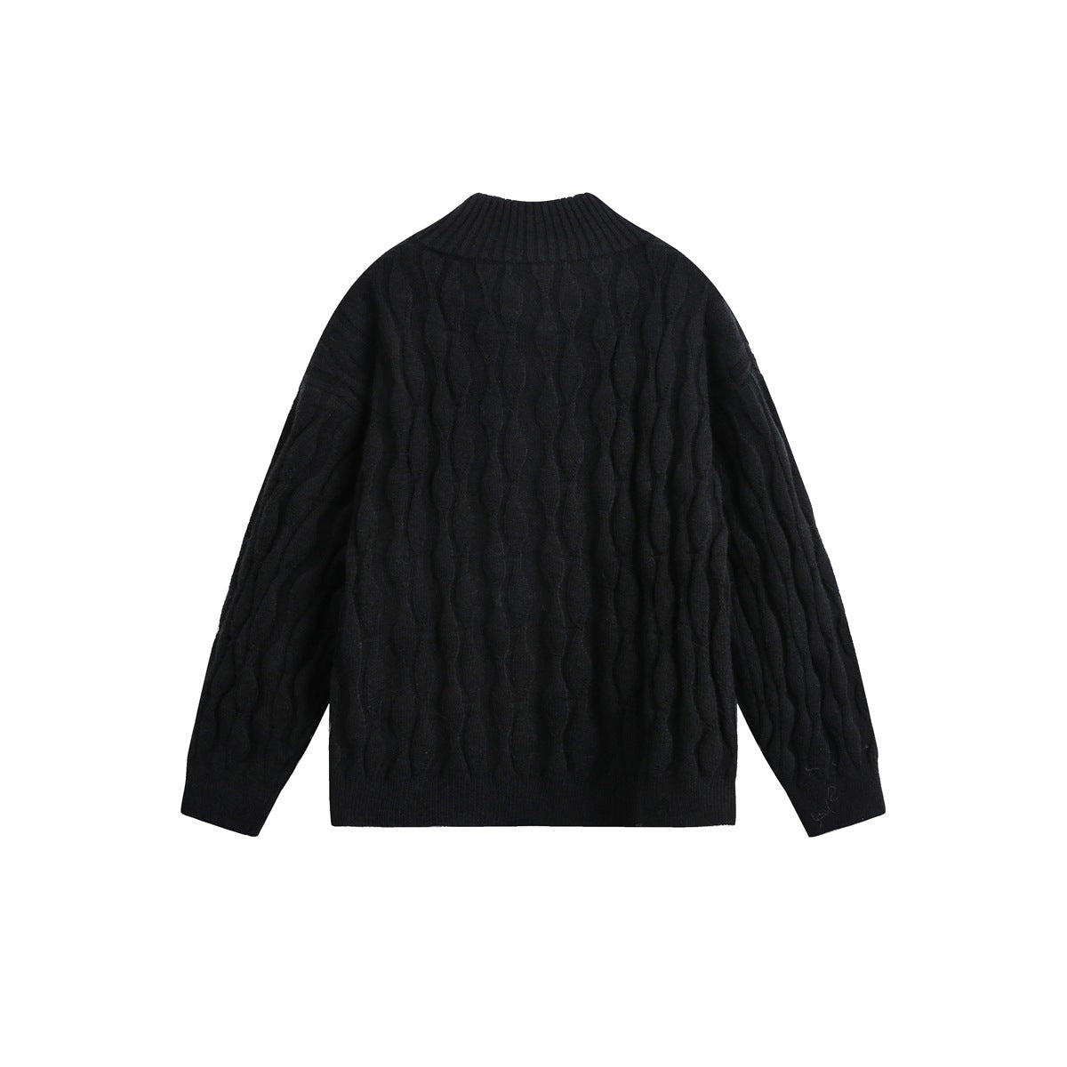 Back view of a black cable-knit sweater with a ribbed stand collar, cuffs, and hem.