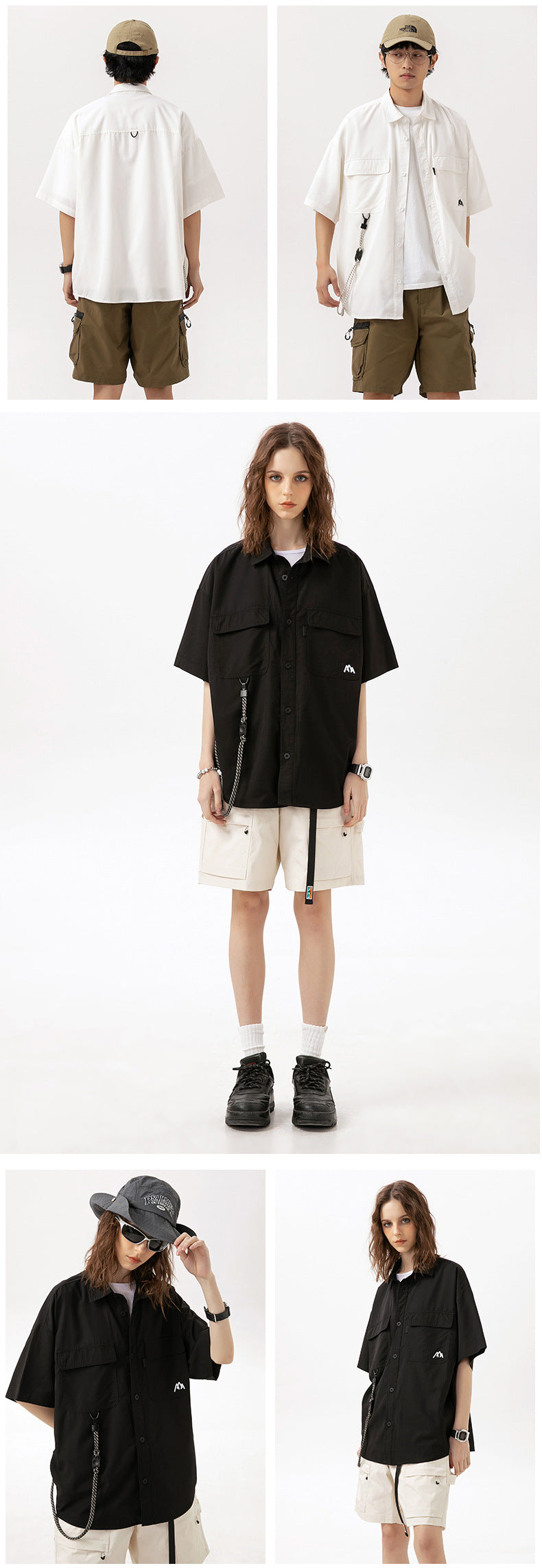 Collage of models wearing an oversized short-sleeve shirt in white and black, with front and back views.