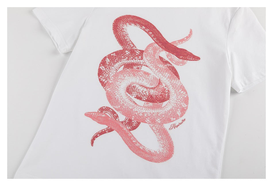 White short-sleeve T-shirt laid flat, featuring a large red illustration of intertwined snakes.