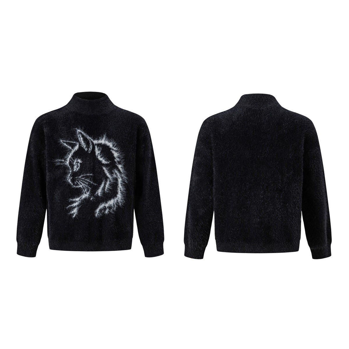Front and back views of a black fuzzy knit sweater, front with white cat outline graphic and plain back