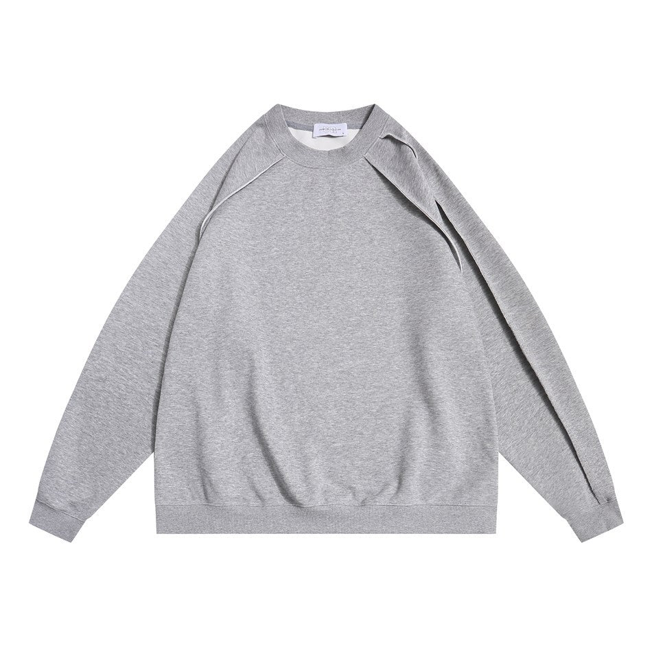 Light heather gray crew-neck sweatshirt with raglan piping and a draped shoulder slit, flat front view