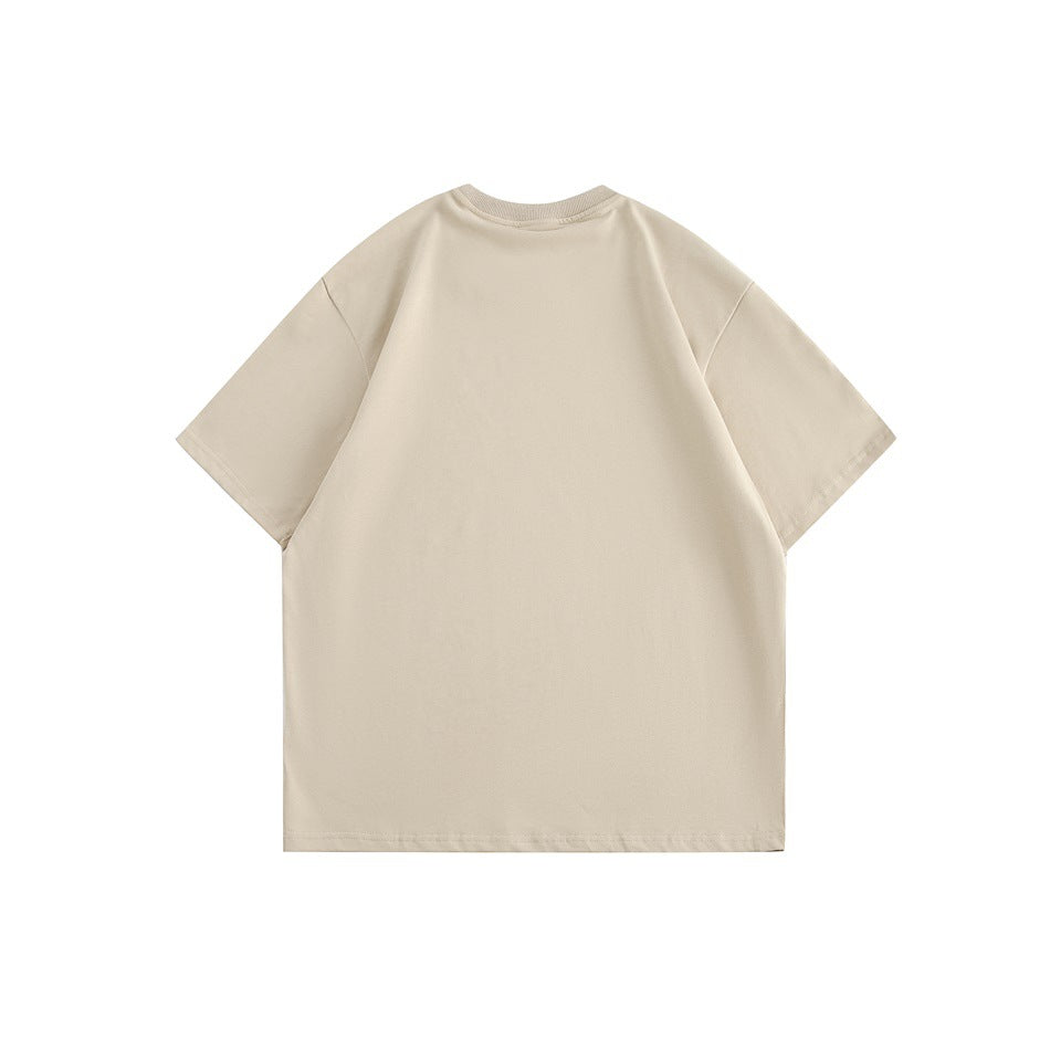 Plain beige short-sleeve T-shirt shown from the back against a white background.