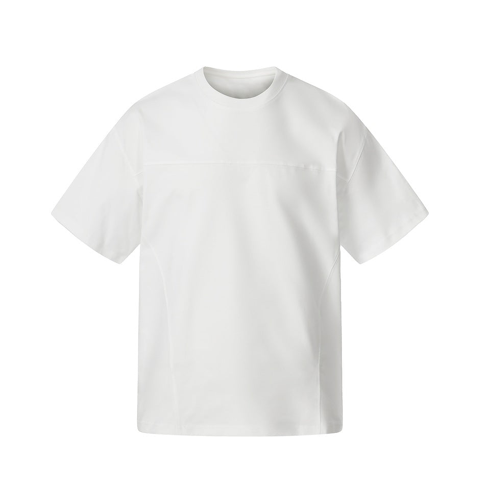 White short-sleeve crew-neck t-shirt with chest yoke seam and curved side panel seams, flat front view