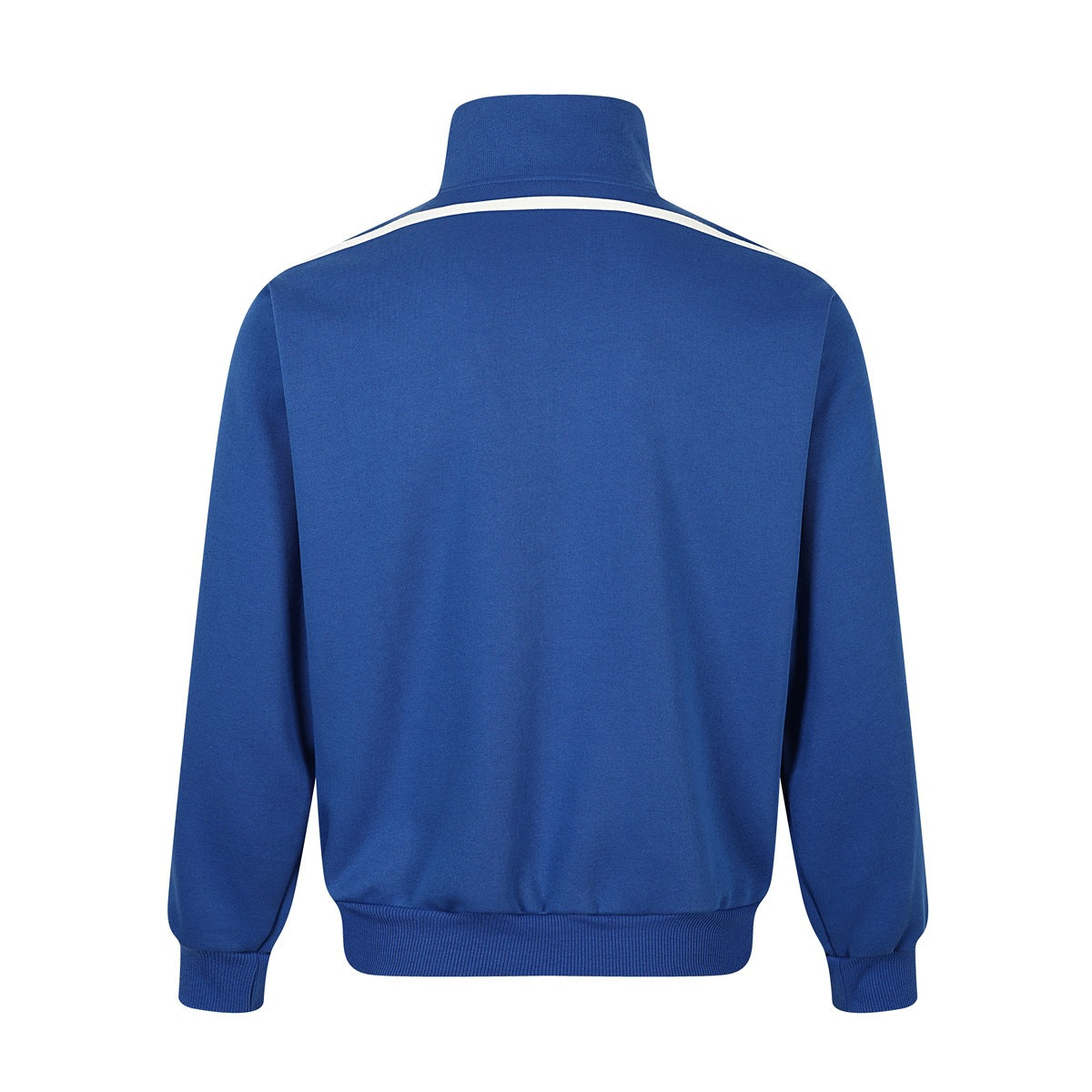 Back view of blue stand-collar jacket with white yoke stripe and ribbed cuffs and hem