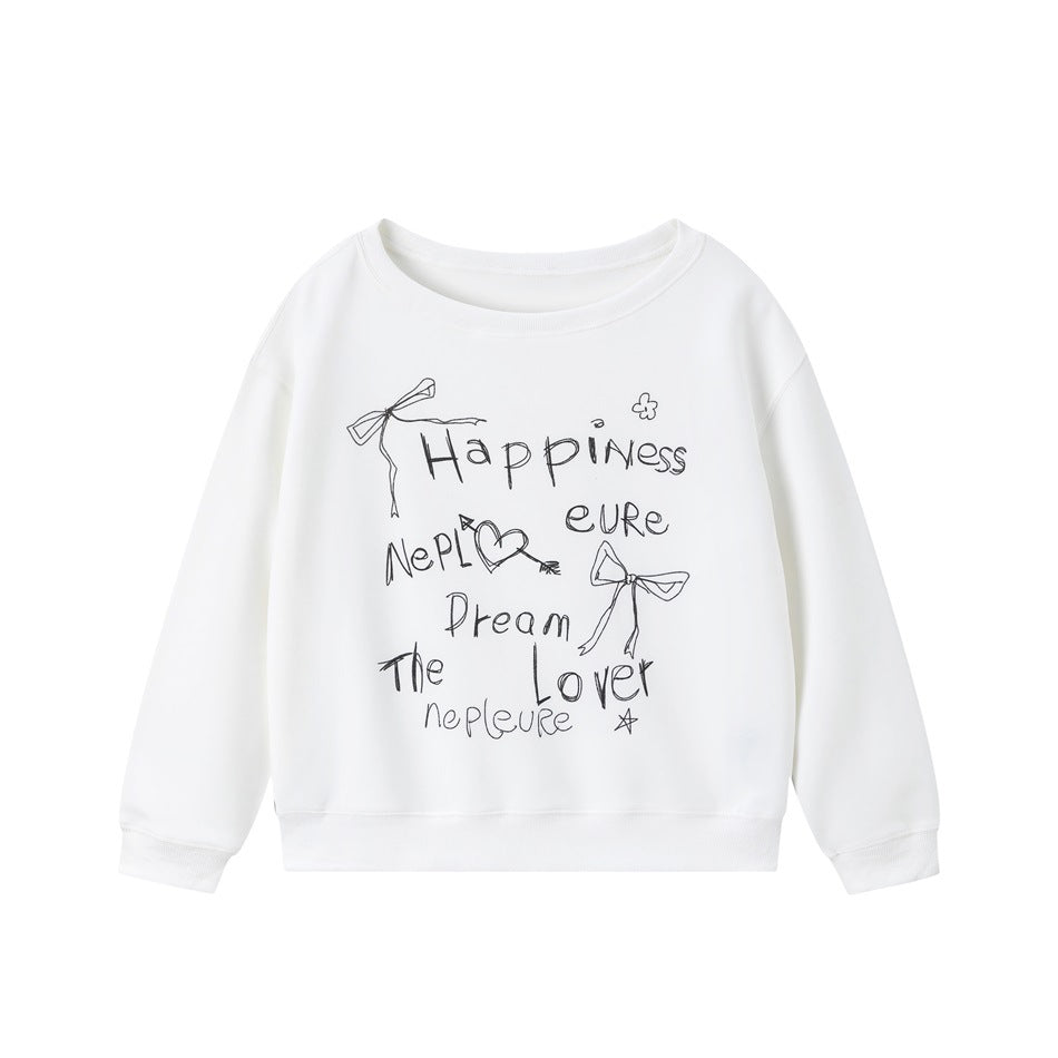White crewneck sweatshirt with black hand-drawn bow and lettering graphic on the front, ribbed cuffs and hem