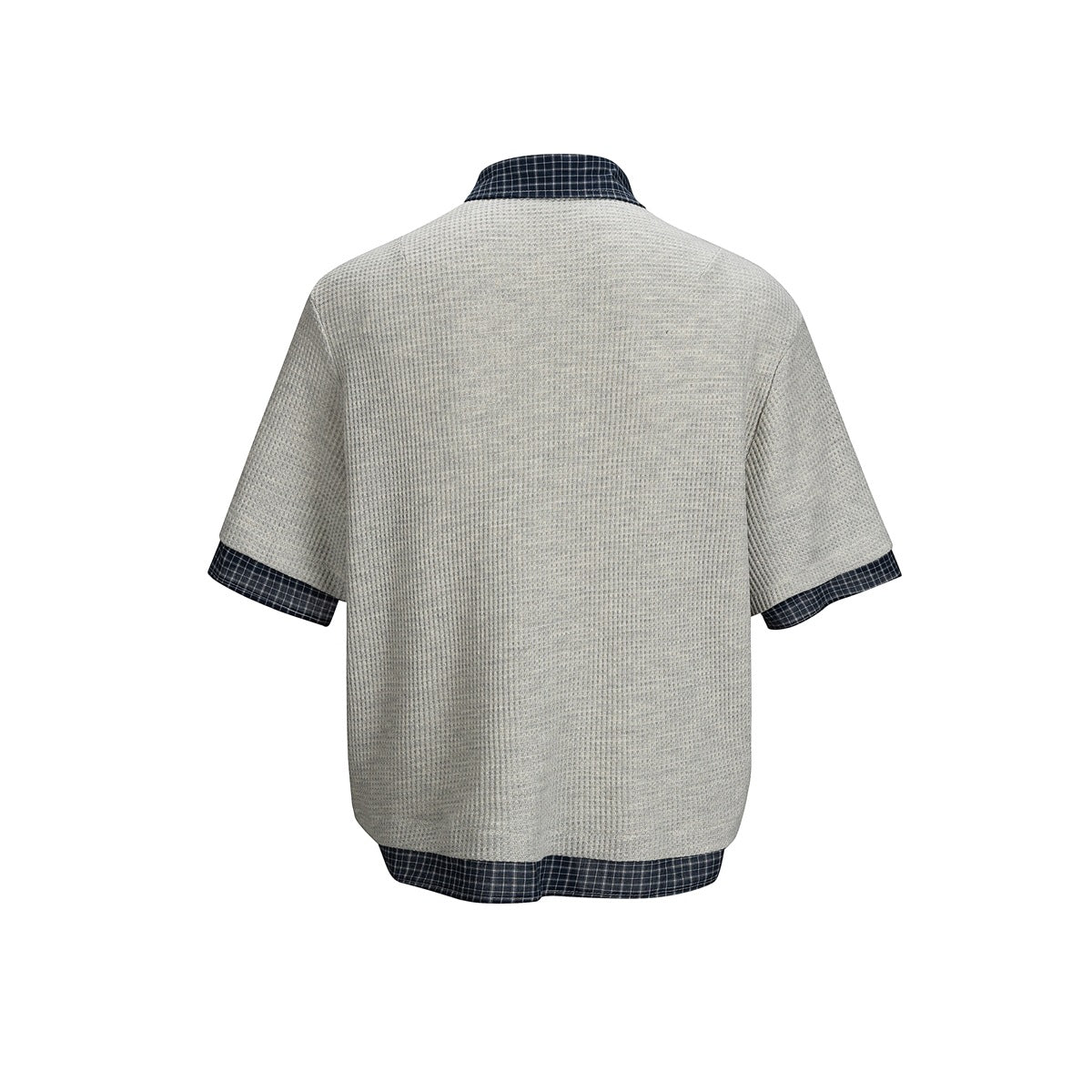 Back view of heather gray waffle-knit top with navy plaid collar, sleeve cuffs and hem trim