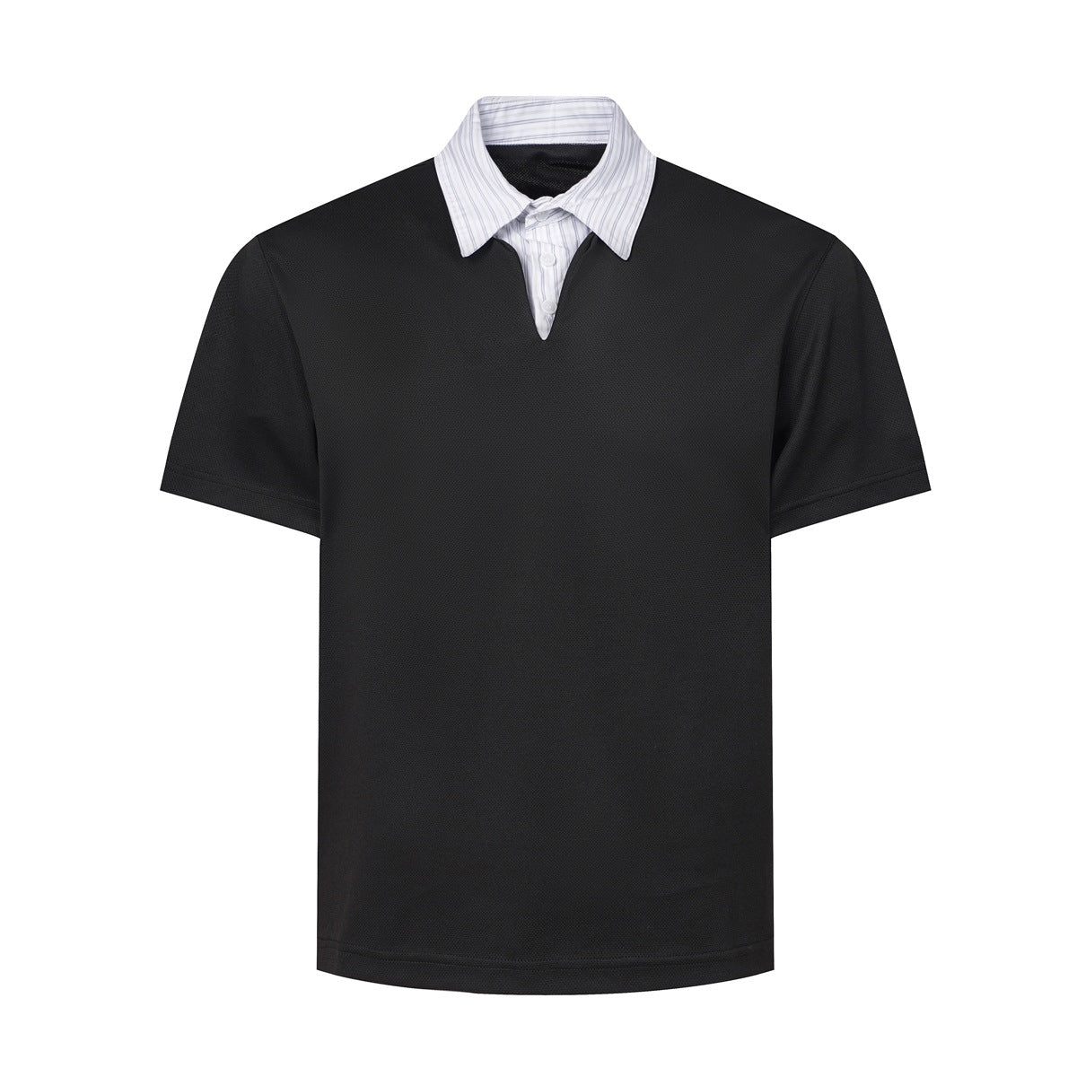 Black short-sleeve polo-style top with a white and gray striped collar and button placket, flat front view