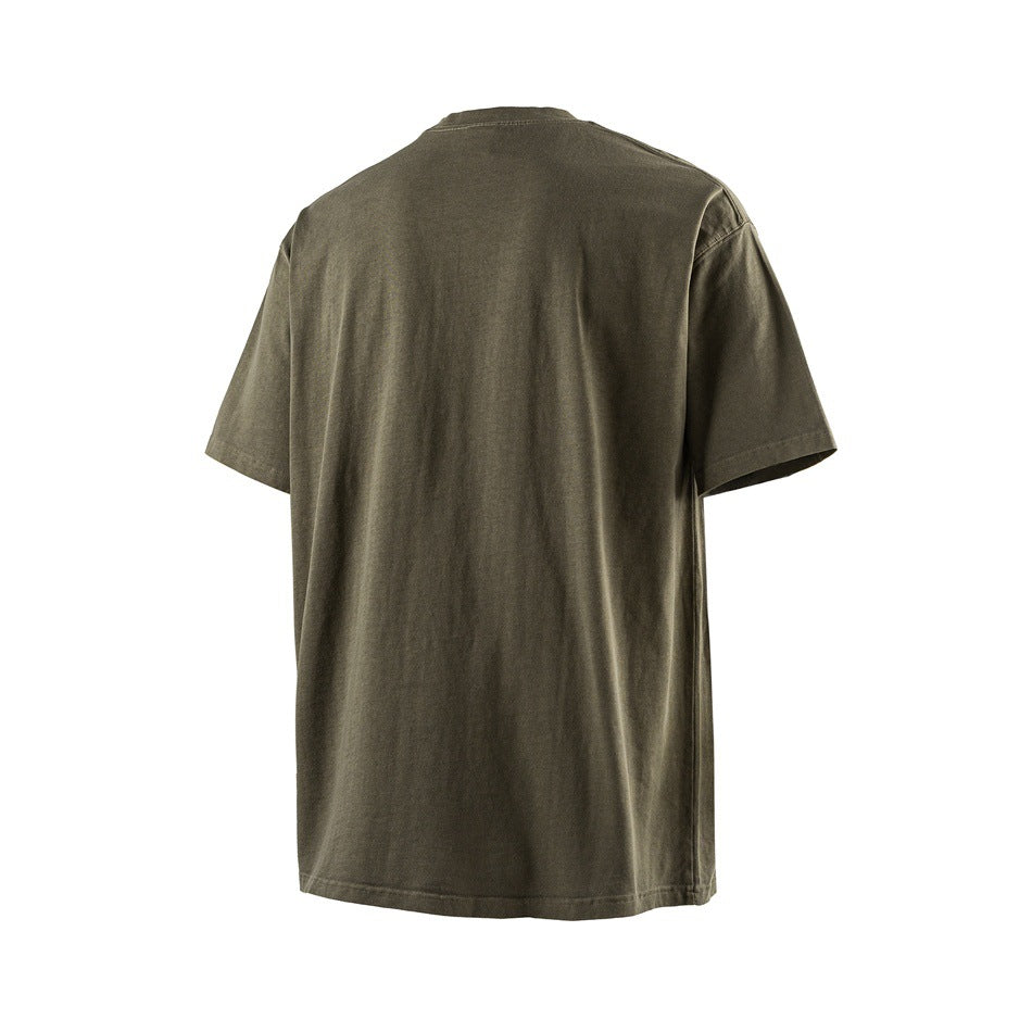 Plain olive short-sleeve crew-neck T-shirt shown from the back against a white background.