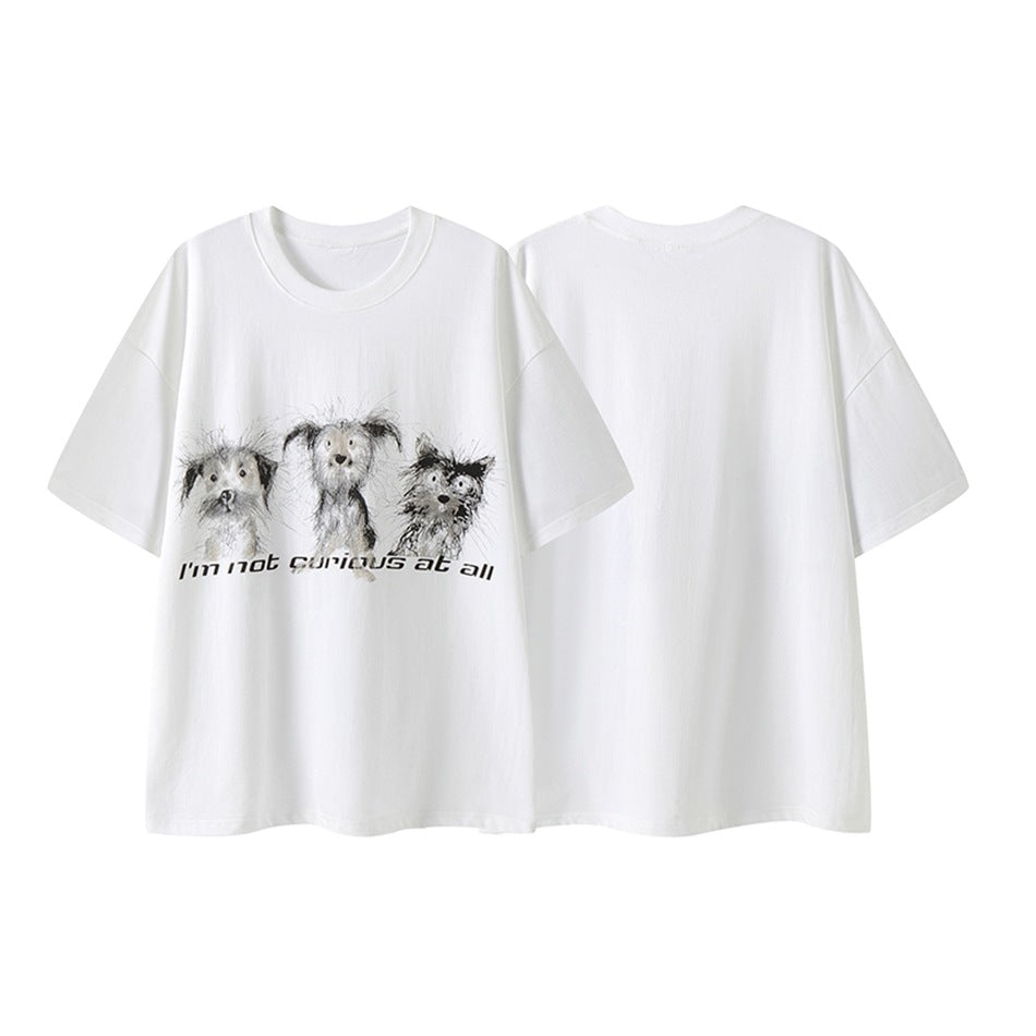 White short-sleeve T-shirt shown front and back; the front has three sketch-style dogs and black text.