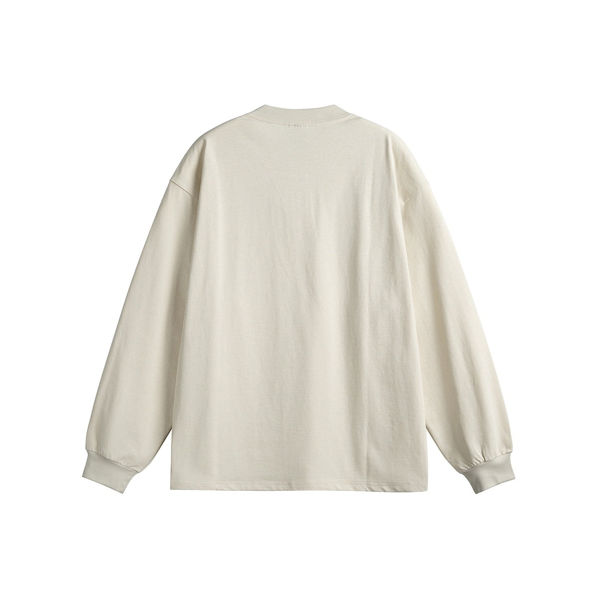 Back view of a plain cream long-sleeve shirt with a crew neckline and ribbed cuffs.