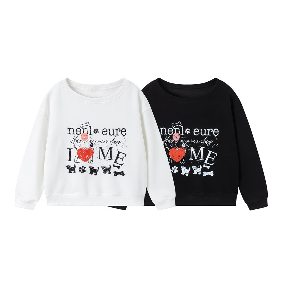 White and black crewneck sweatshirts shown from the front, both with a dog-themed black and red graphic.