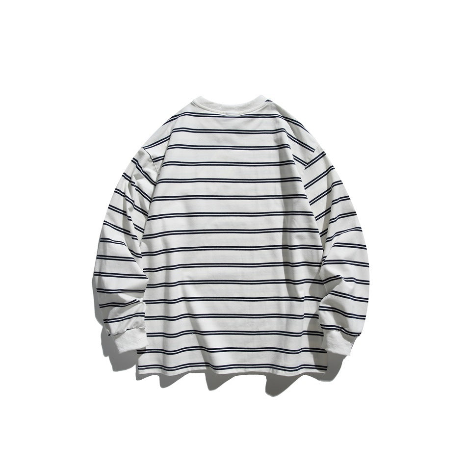 Back view of an ivory long-sleeve shirt with narrow navy stripes and ribbed cuffs.