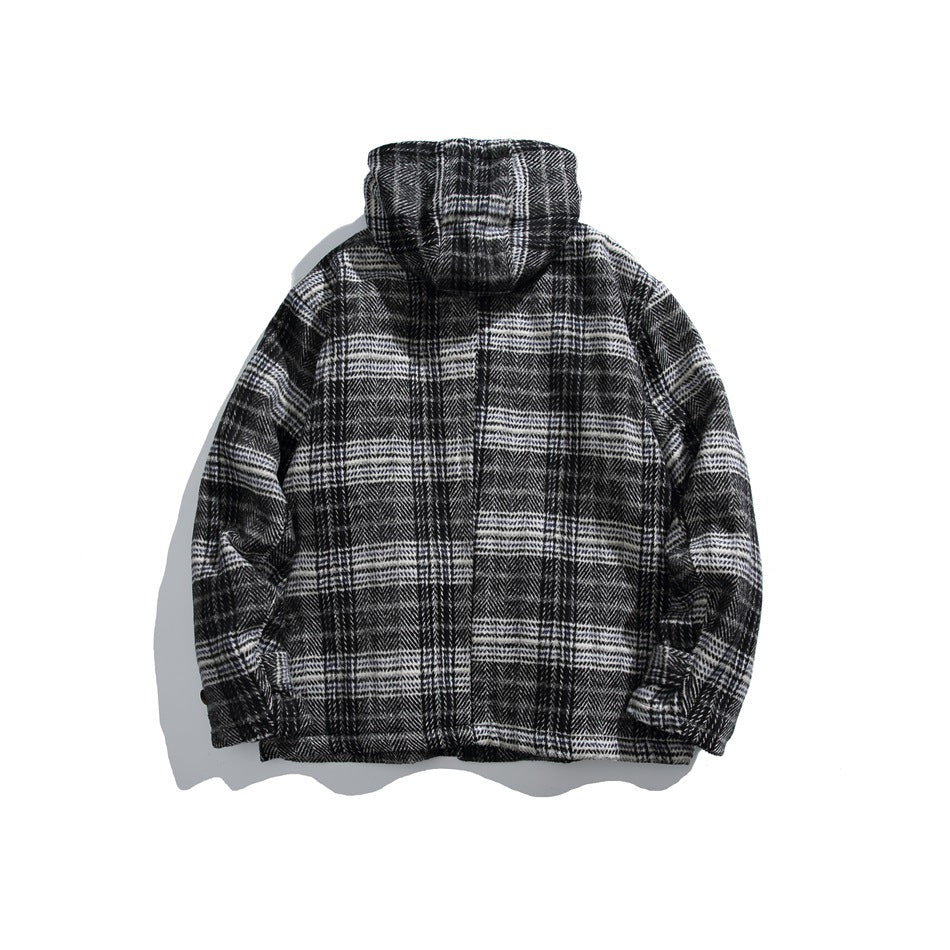 Back view of a black-and-white plaid hooded jacket laid flat on a white background.