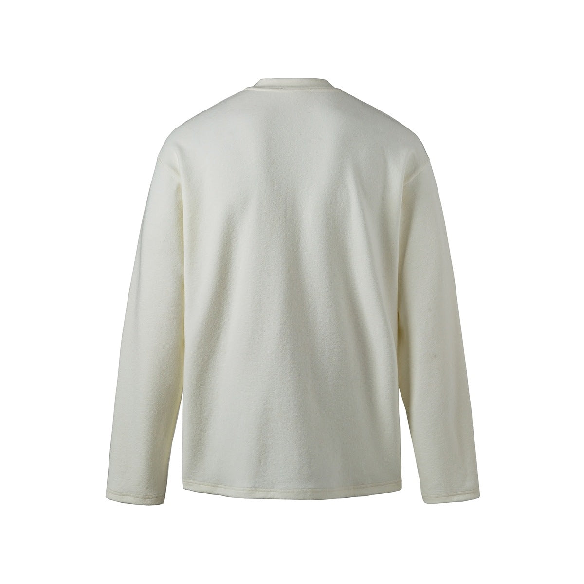 Back view of off-white long-sleeve pullover top with a plain back and dropped shoulders
