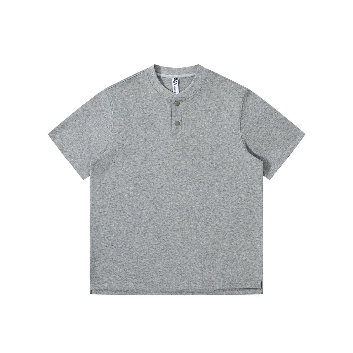Heather gray short-sleeve henley T-shirt with ribbed stand collar and two snap buttons, flat front view