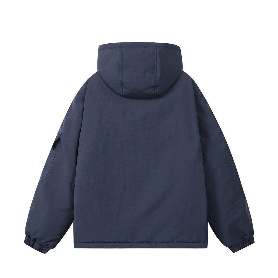 Navy hooded padded jacket, back view with plain back panel and elastic cuffs