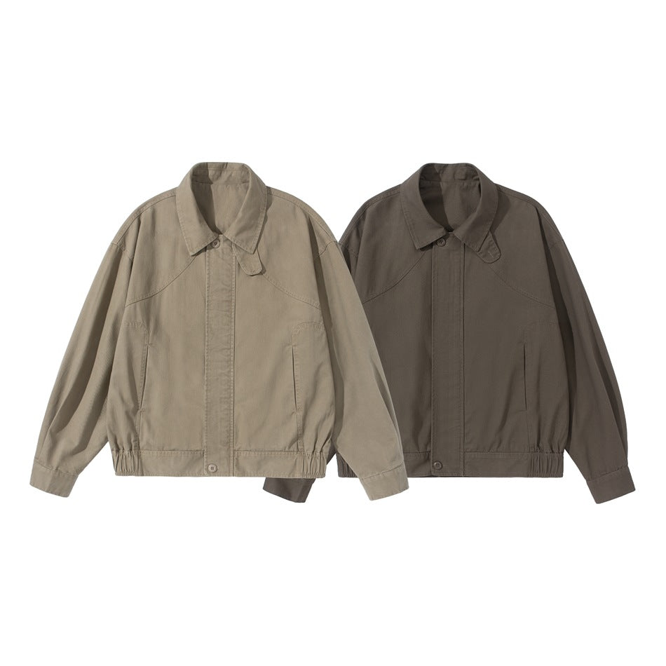 Two front views of a collared jacket with concealed fastening and elastic hems, in light taupe and dark brown.