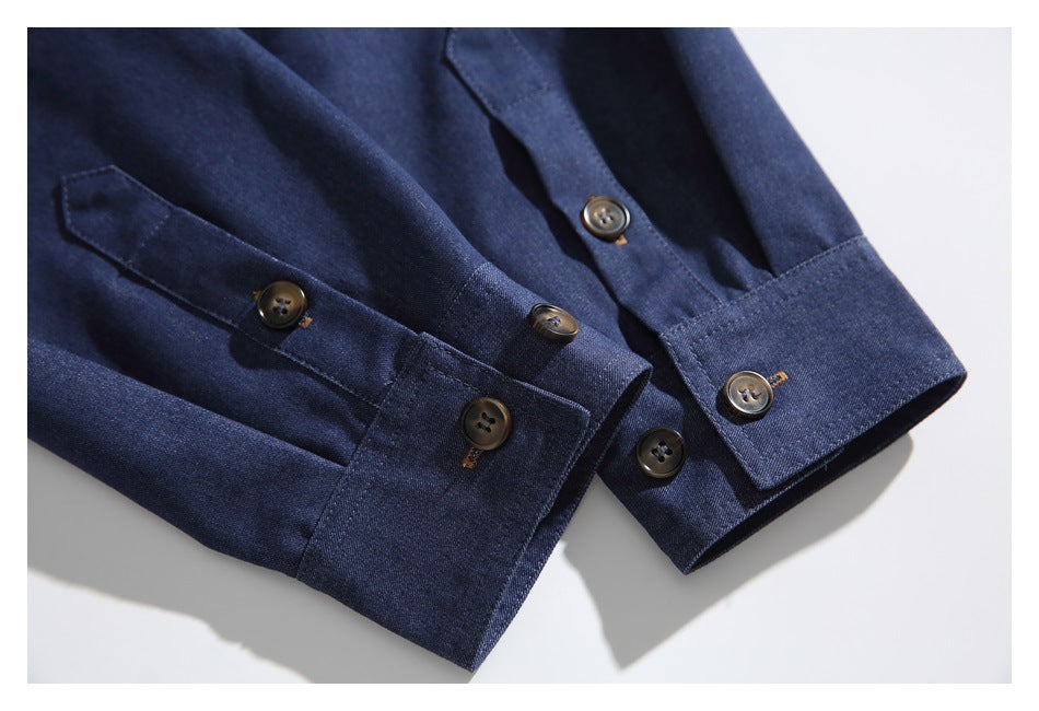 Close-up of two navy garment cuffs with brown buttons and visible stitching.
