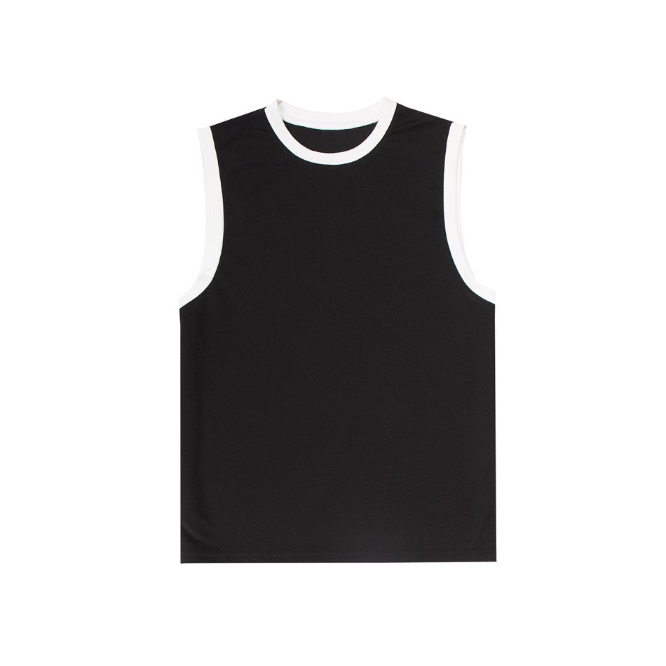 Black sleeveless crew-neck tank top with white contrast binding at the neckline and armholes, flat lay