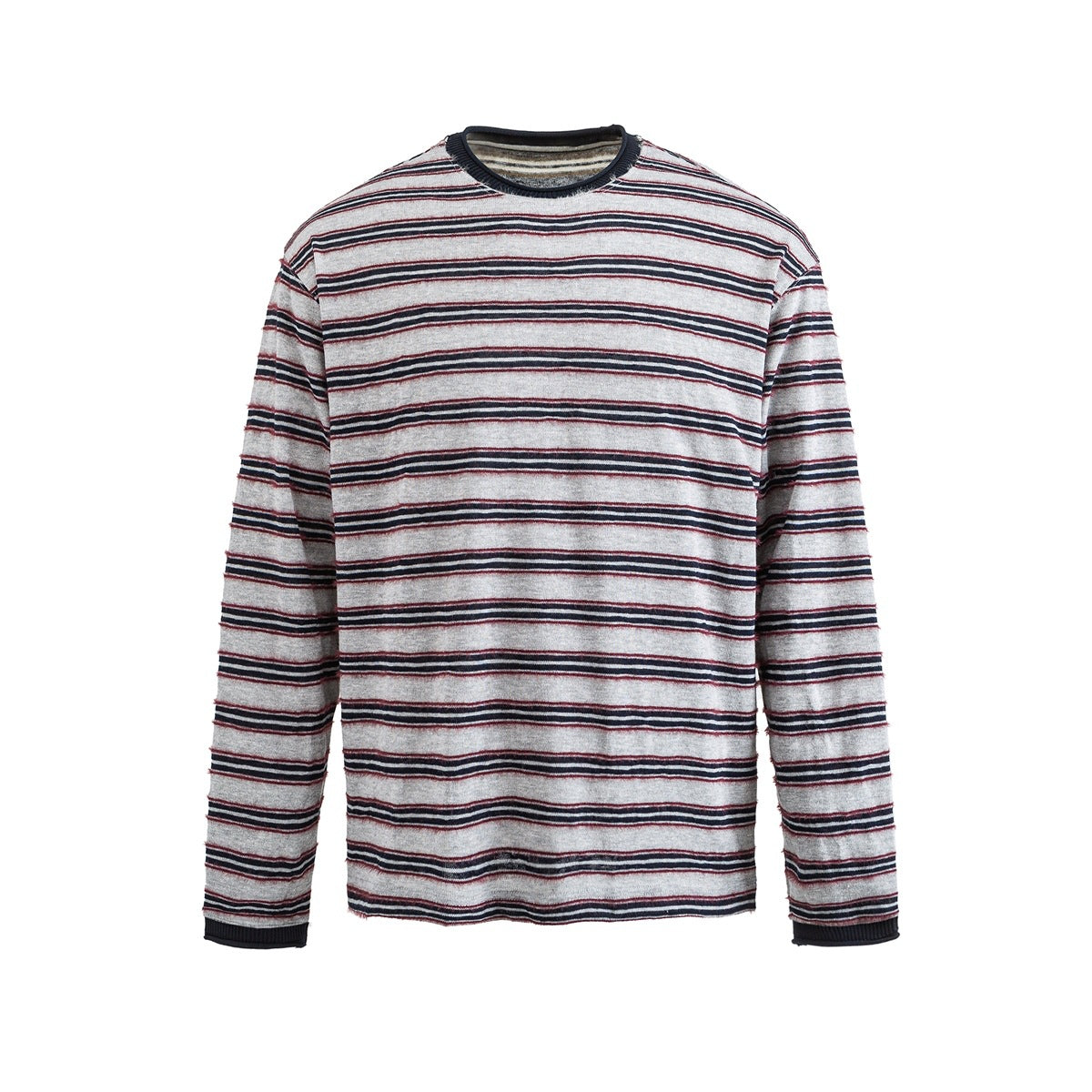 Gray long-sleeve crew-neck top with navy, burgundy and white stripes and navy rolled neckline and cuffs, flat front view