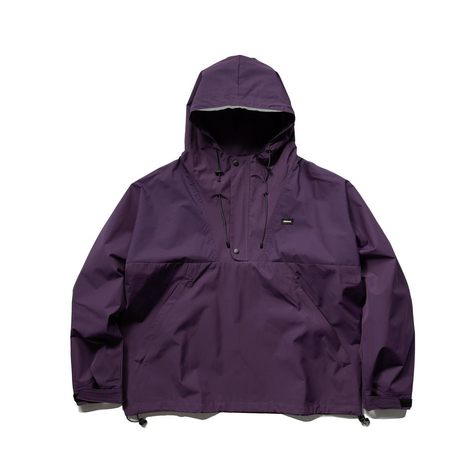Purple hooded pullover jacket, front flat view with snap placket, drawcords and slanted pockets