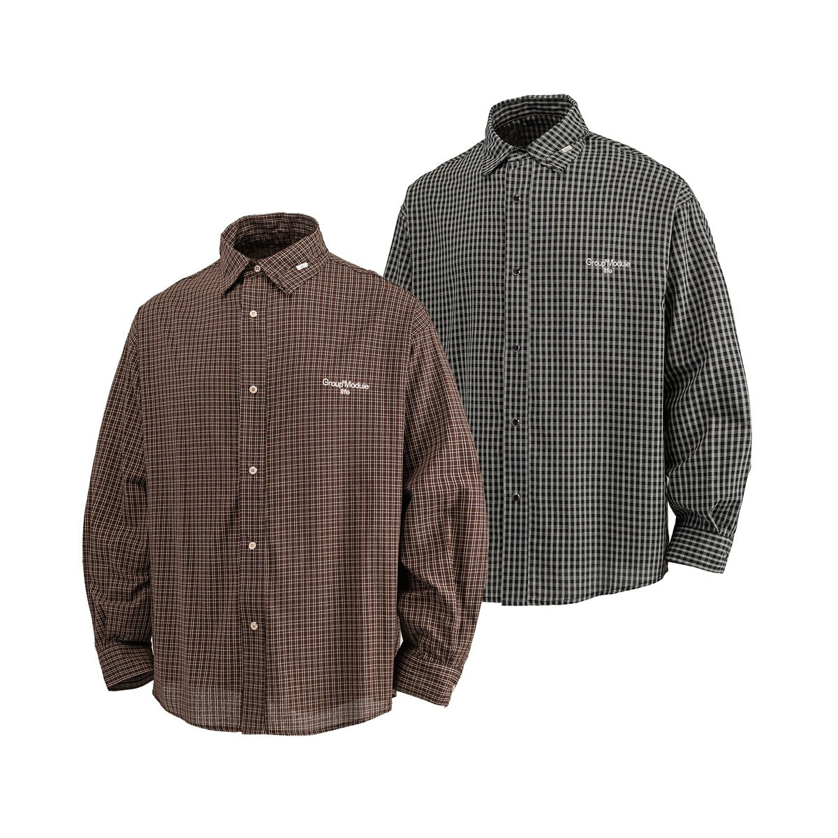 Two long-sleeve button-up plaid shirts shown from the front in brown and black colorways.