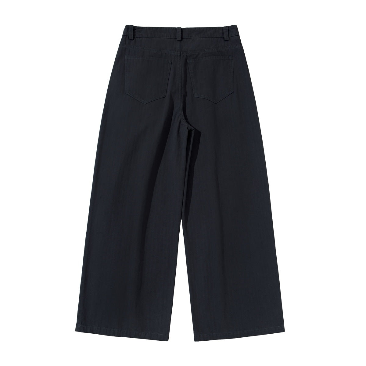 Back view of black wide-leg trousers with belt loops, two patch pockets, and full-length hems, shown flat on white.