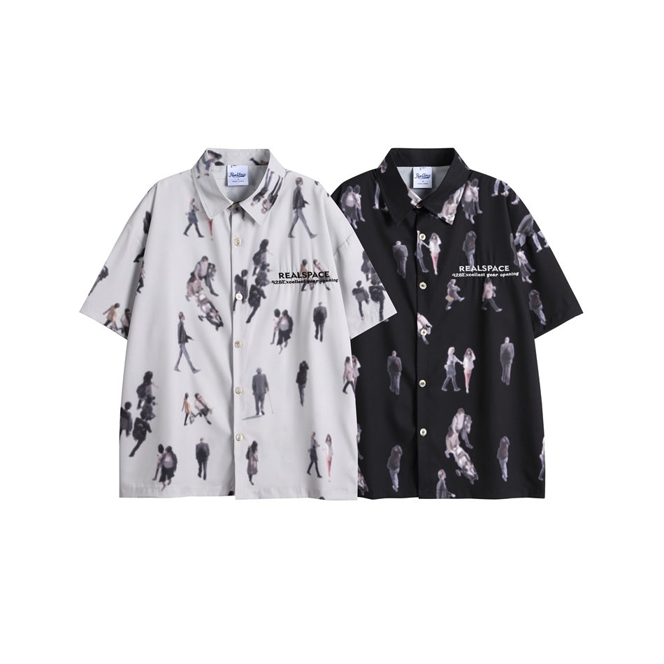 White and black short-sleeve button-up shirts with matching all-over figure prints, shown side by side.