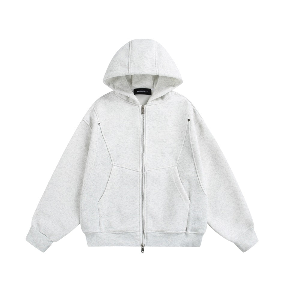 Light heather gray zip-up hoodie, flat front view with paneled seams, angled pockets and silver zipper