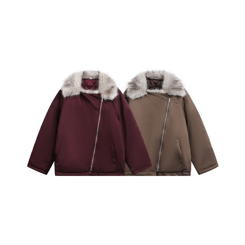 Two jackets shown together in burgundy and brown, each with an asymmetrical zipper and pale fur collar.
